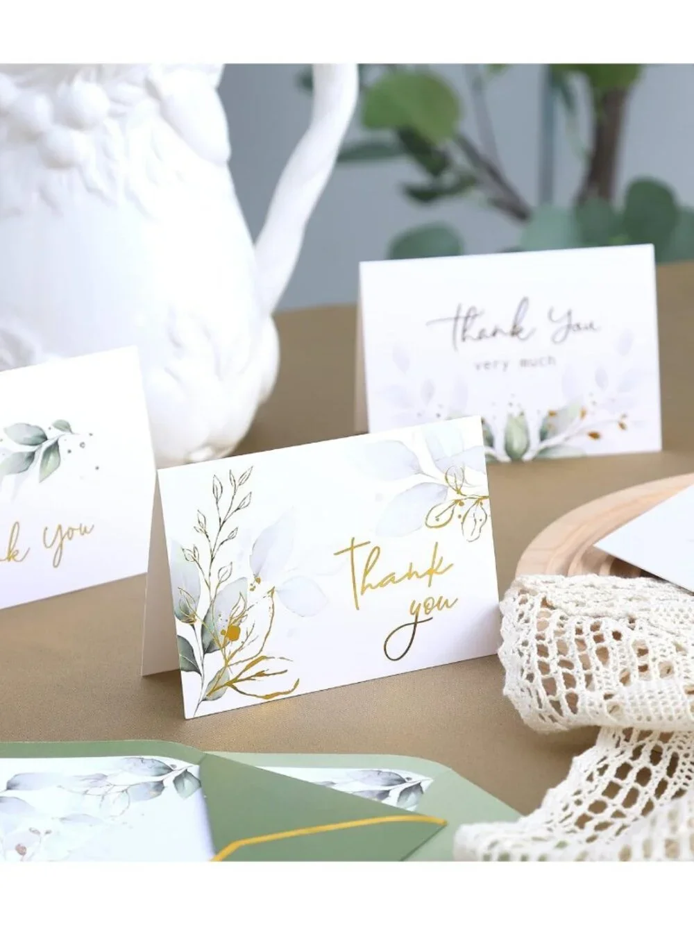 Luxurious Gold Thank You Cards - 100 Pack with Envelopes, Sage Green, Wedding